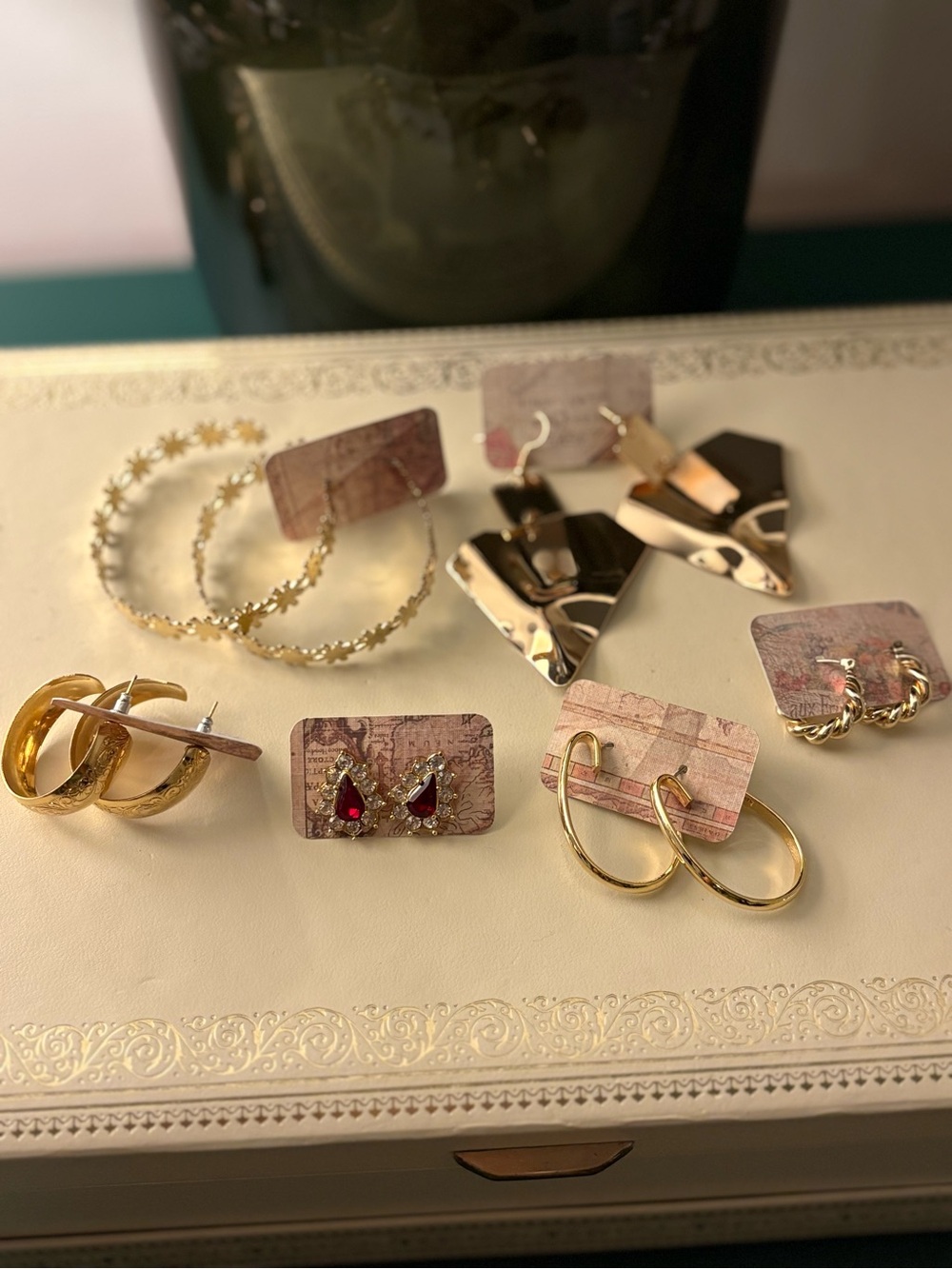 Gold Tone Women's Hoop and Gemstone Earring Set - Gold